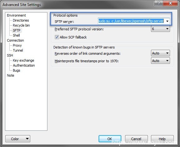 WinSCP 中的 SFTP 服务器设置